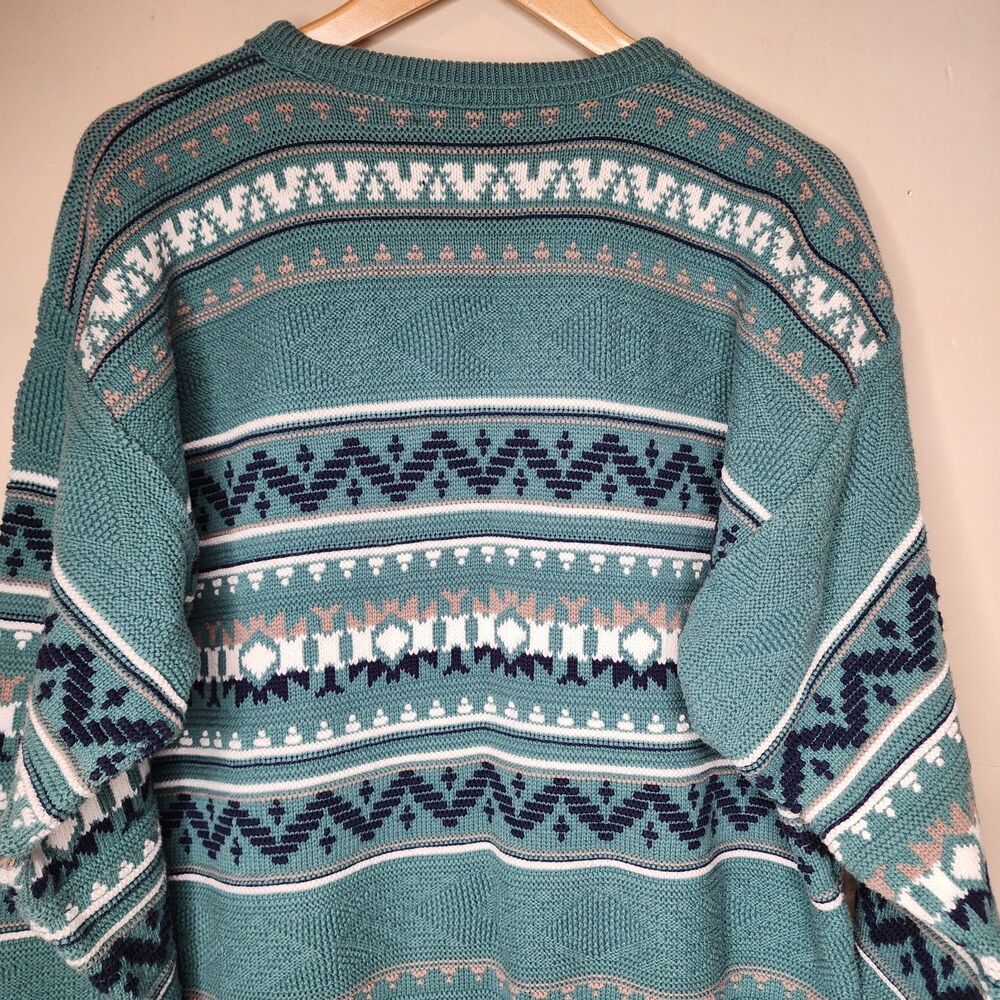 Vintage 90s Jantzen Sweater Mens Large Teal Green Geometric Southwestern USA - Picture 6 of 11